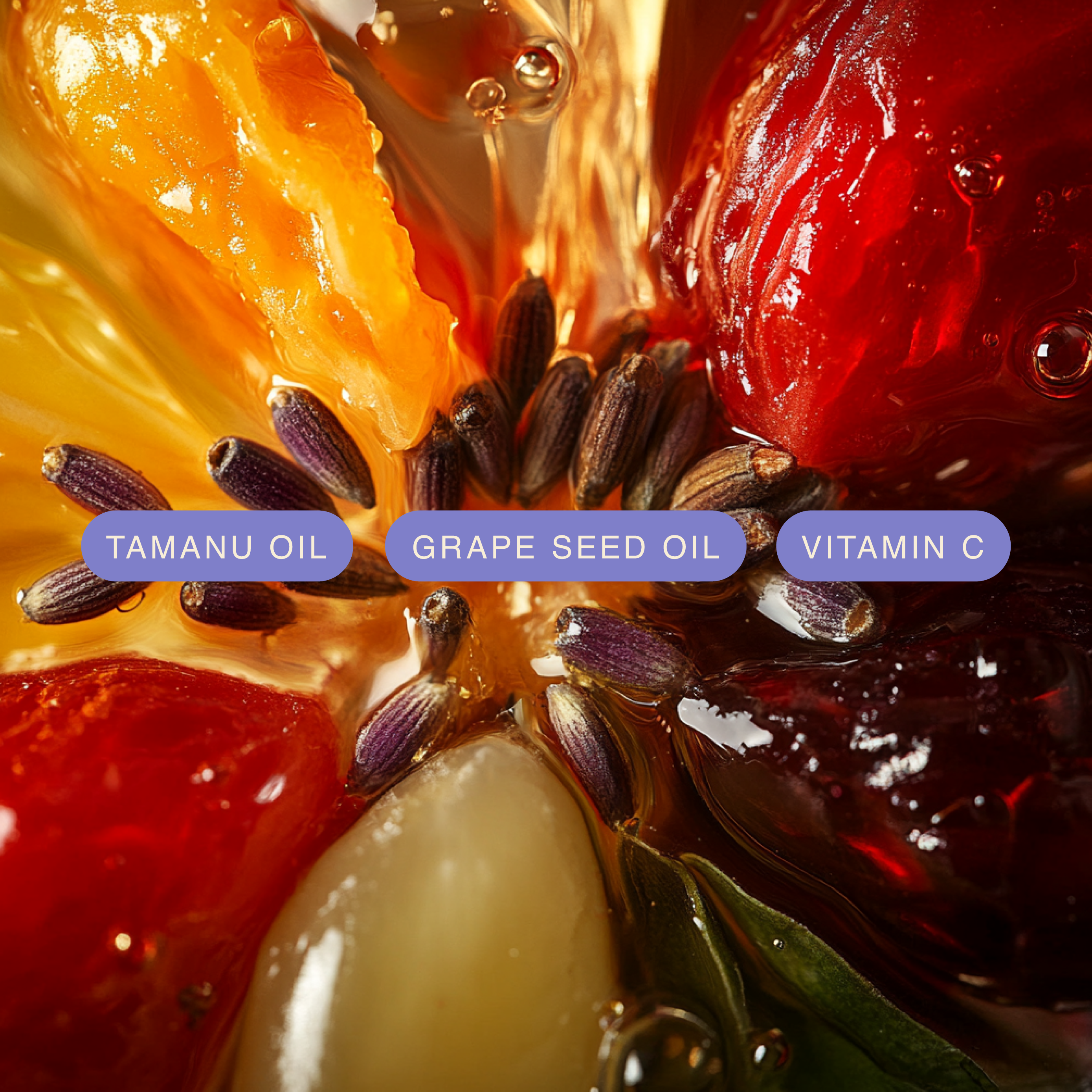 Close-up of tamanu oil, grape seed oil, and vitamin C with seeds and fruits.