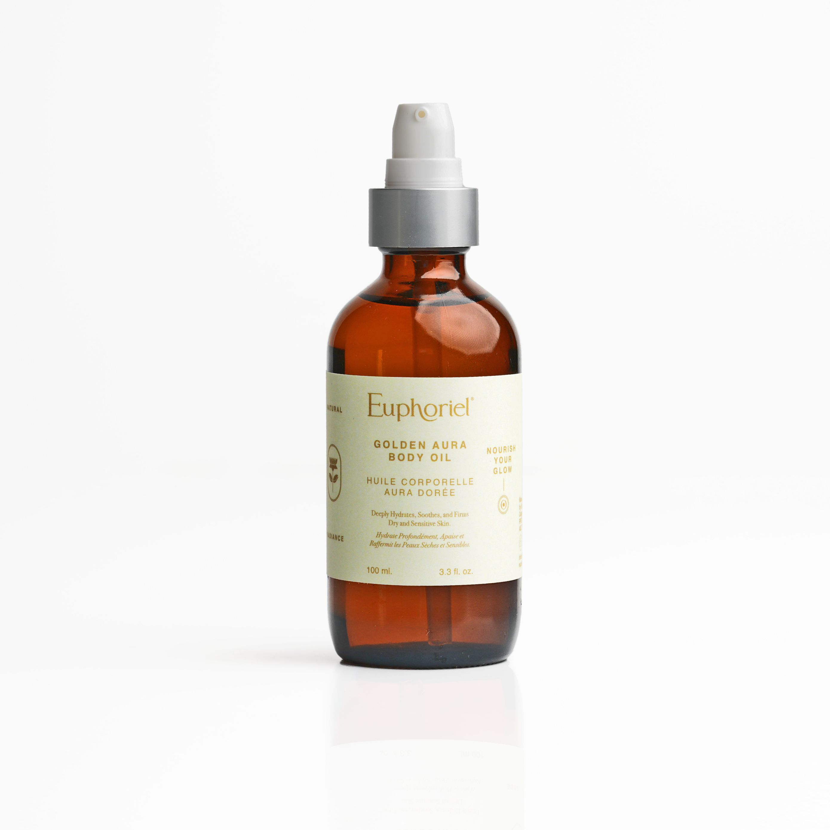 A bottle of Euphoriel Beauty's Golden Aura Body Oil with a white spray nozzle, labeled with the product name and branding.