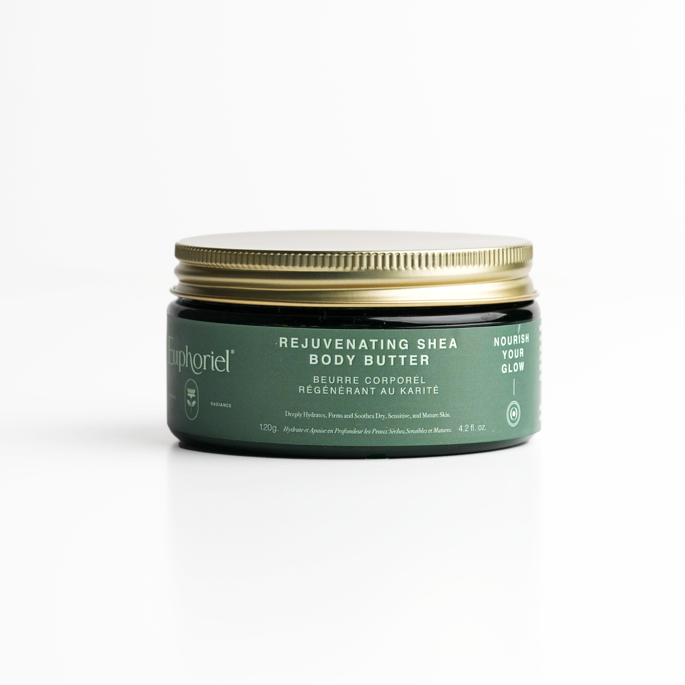 A jar of Rejuvenating Shea Body Butter by Euphoriel Beauty with a green label and gold lid.