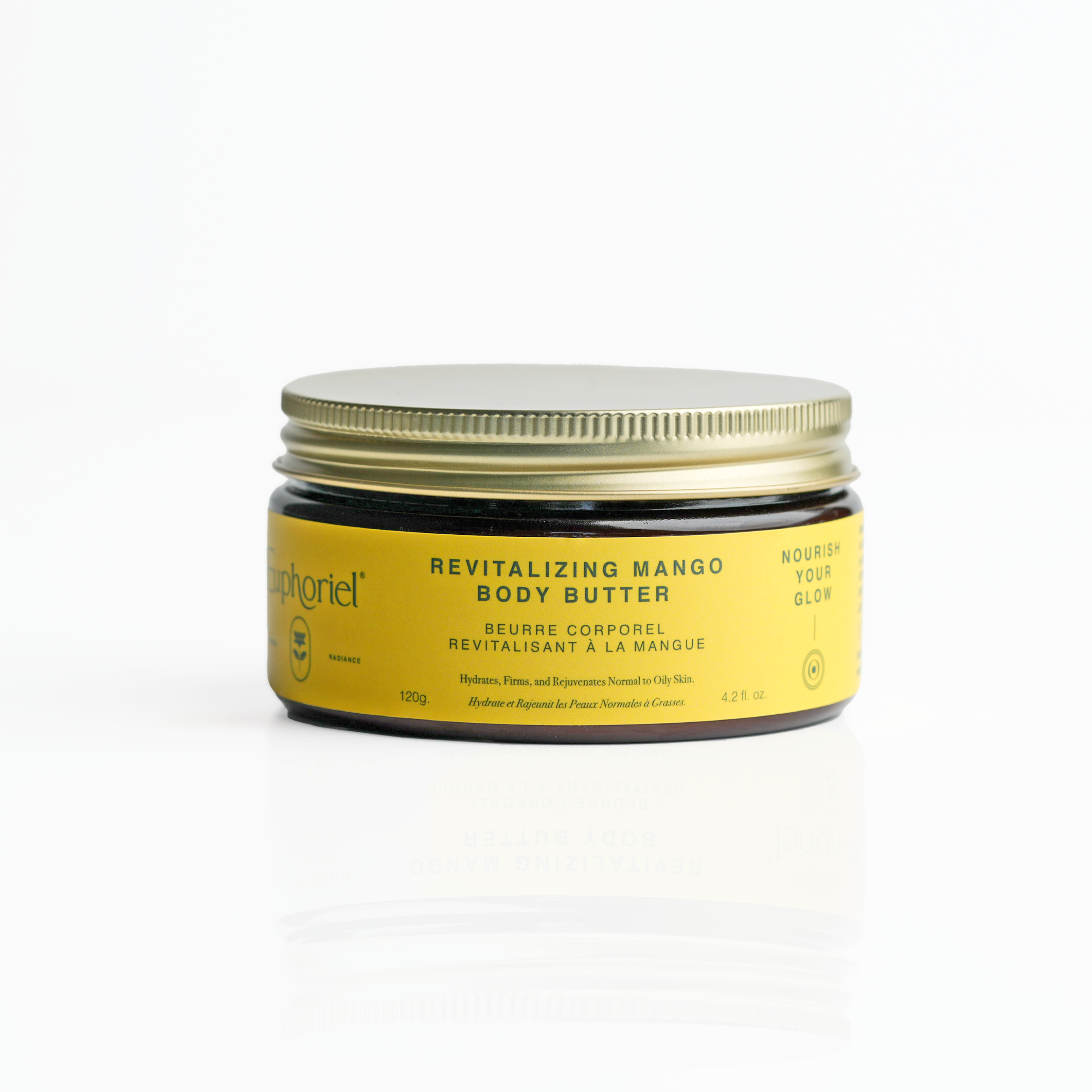 A jar of Revitalizing Mango Body Butter with a yellow label on a white background.