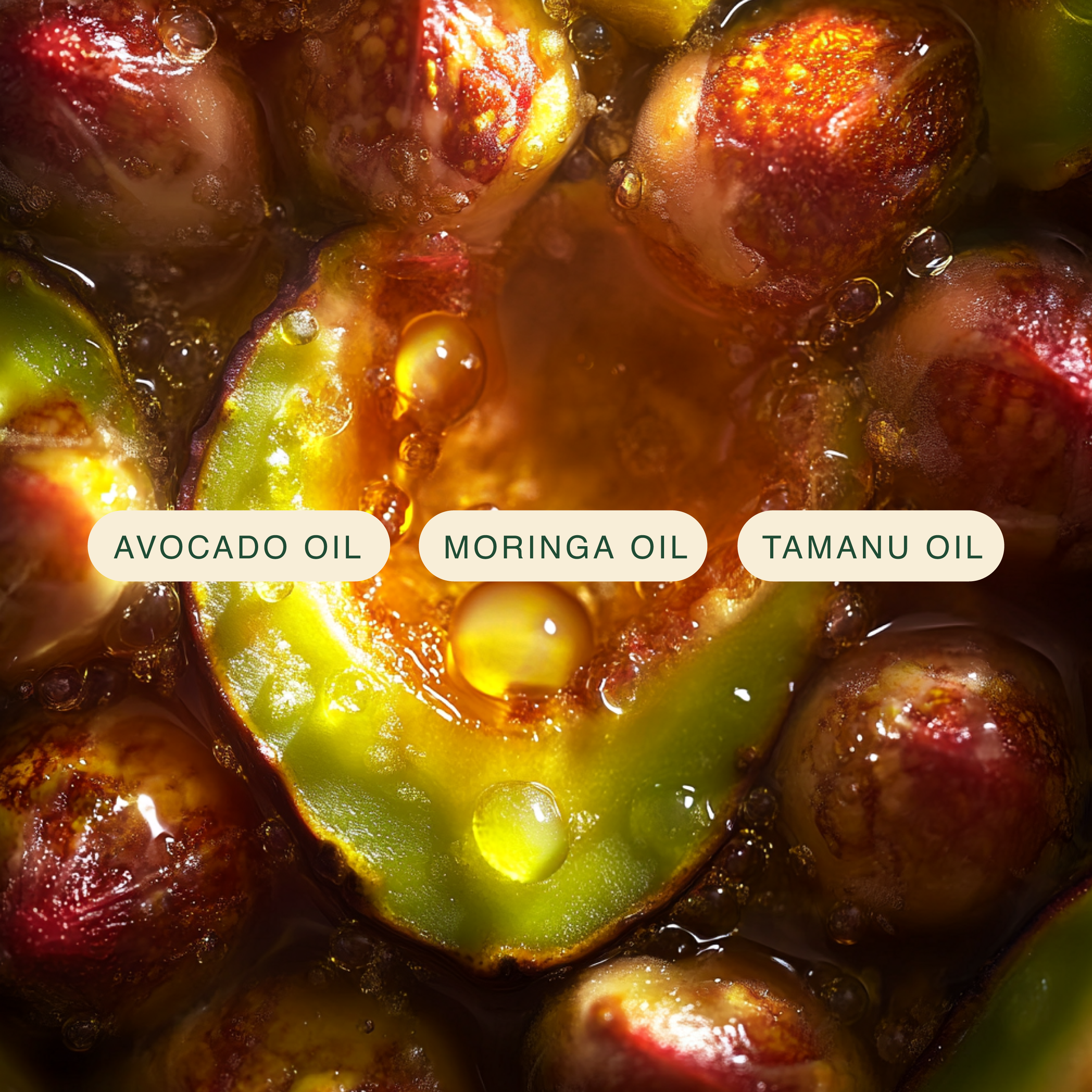 Close-up of oil droplets on a sliced fruit with labels for avocado oil, moringa oil, and tamanu oil.