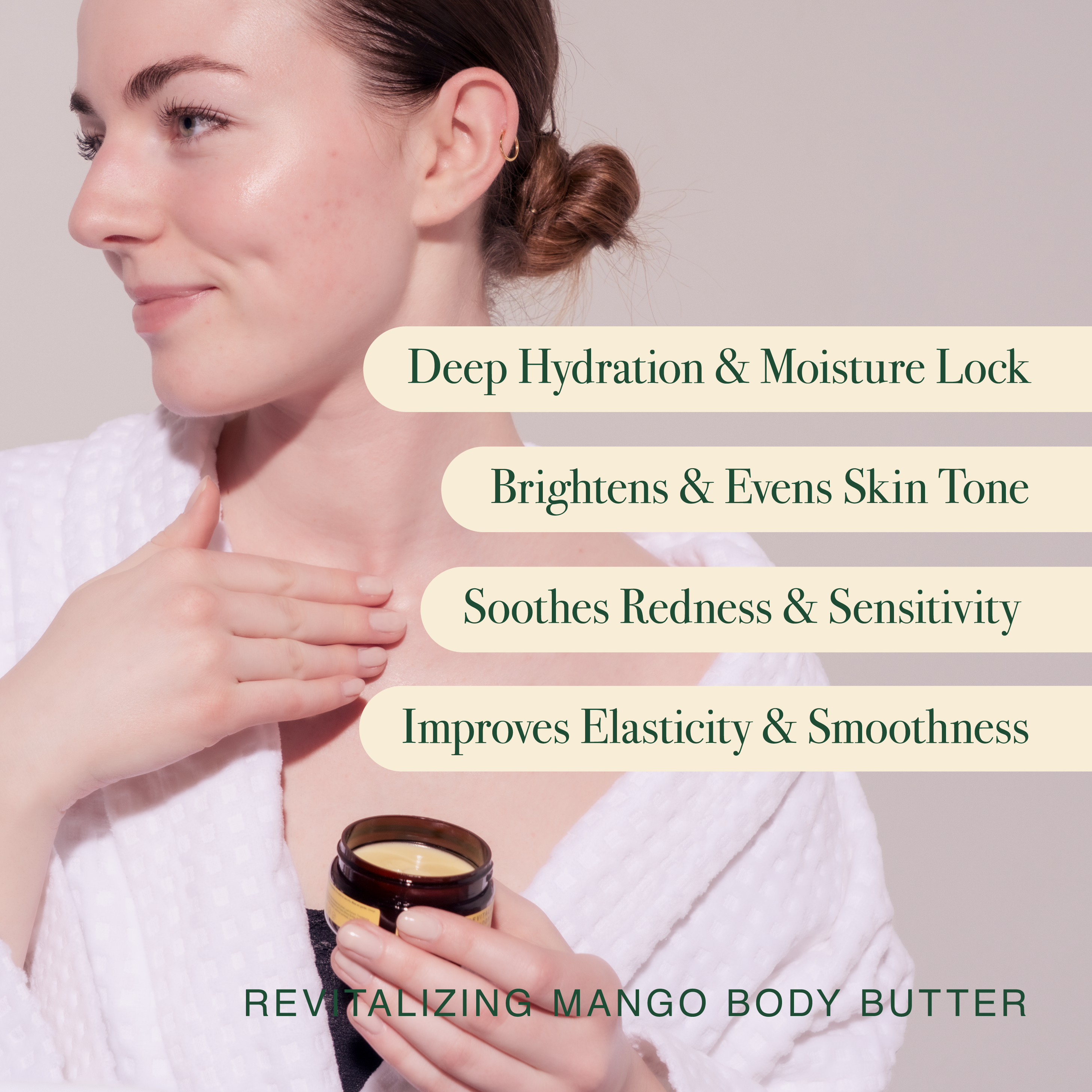 Woman applying Revitalizing Mango Body Butter with text highlighting benefits on a light background
