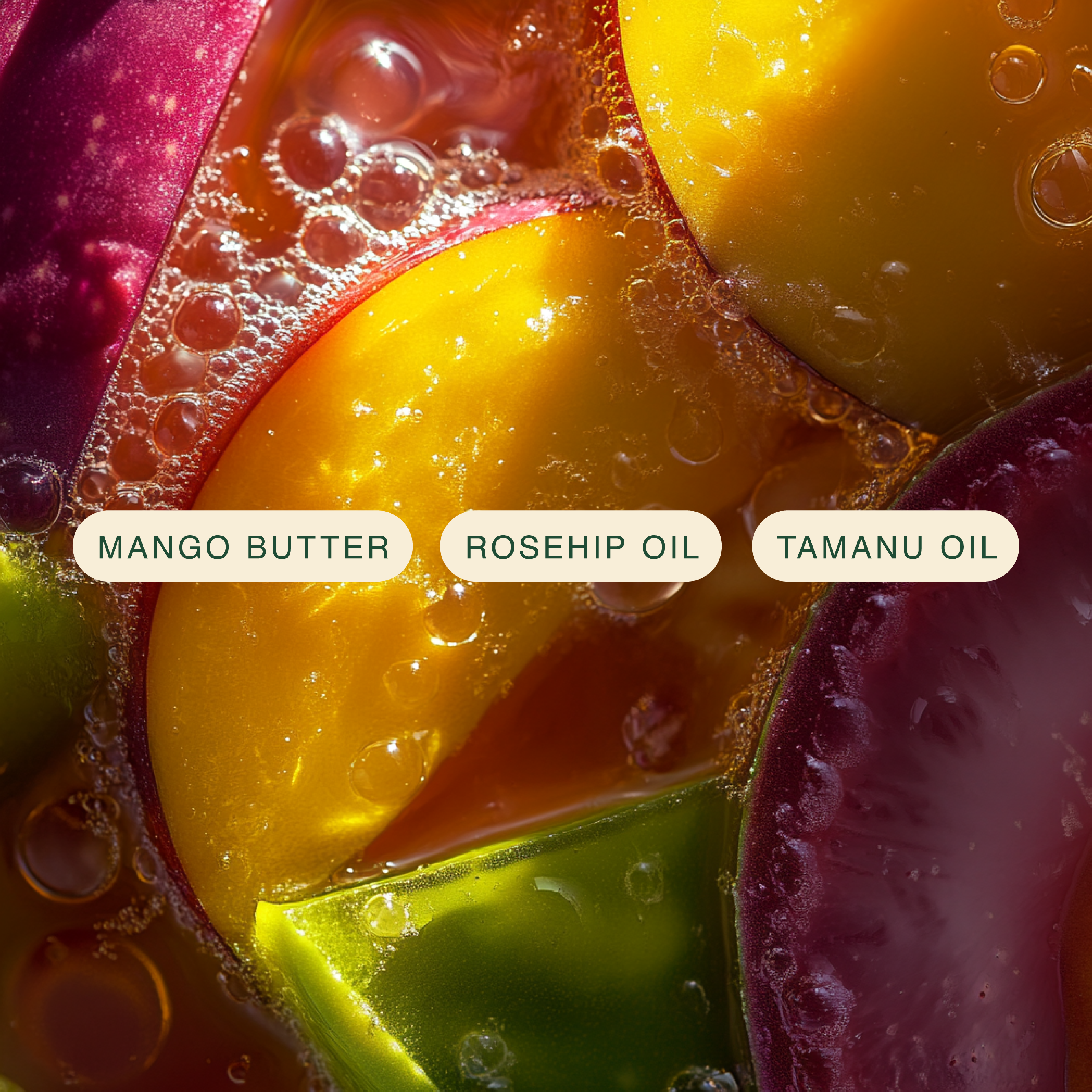 Close-up of colorful ingredients labeled 'Mango Butter', 'Rosehip Oil', and 'Tamanu Oil' with a glossy texture.
