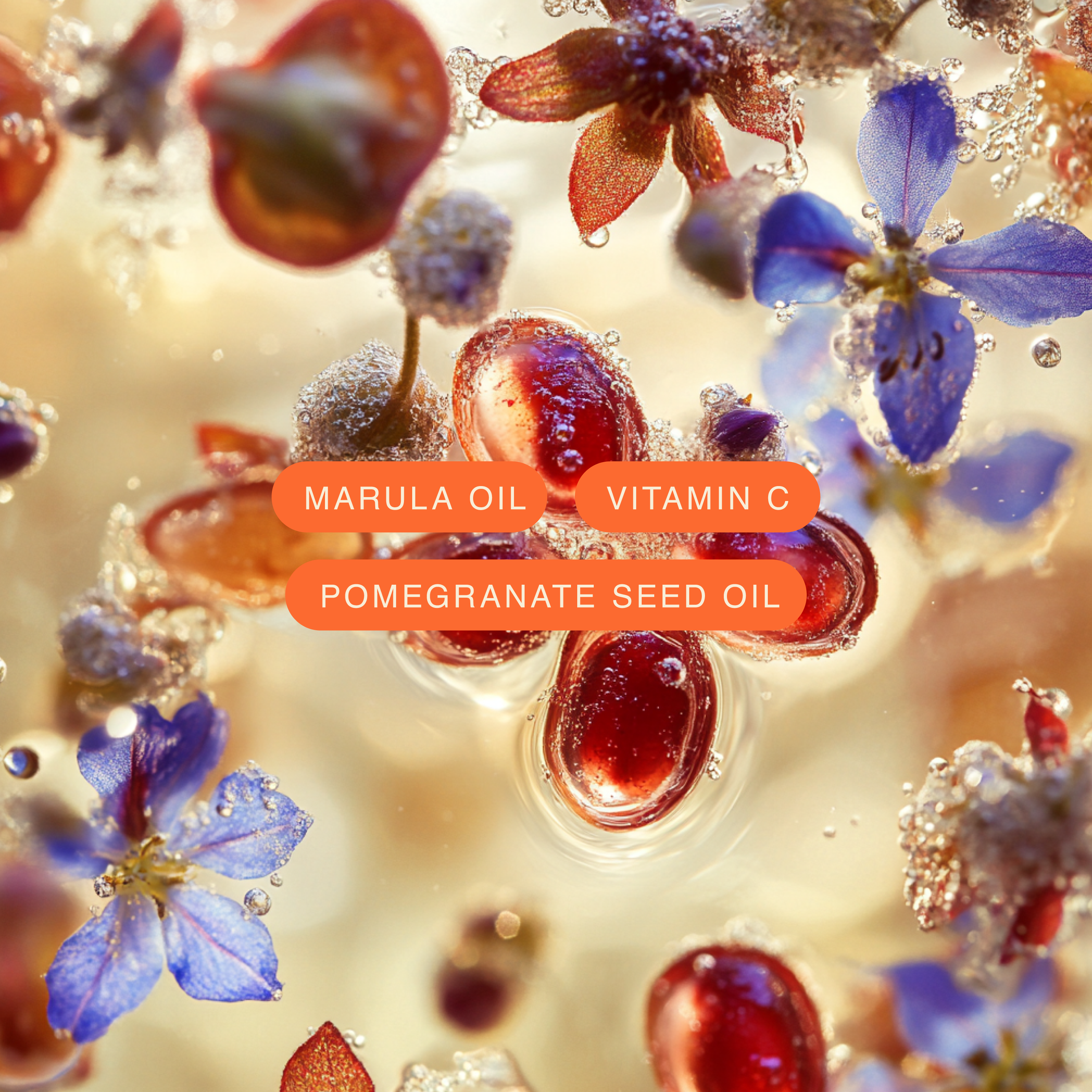 Close-up of marula oil, vitamin C, and pomegranate seed oil with flowers and bubbles.