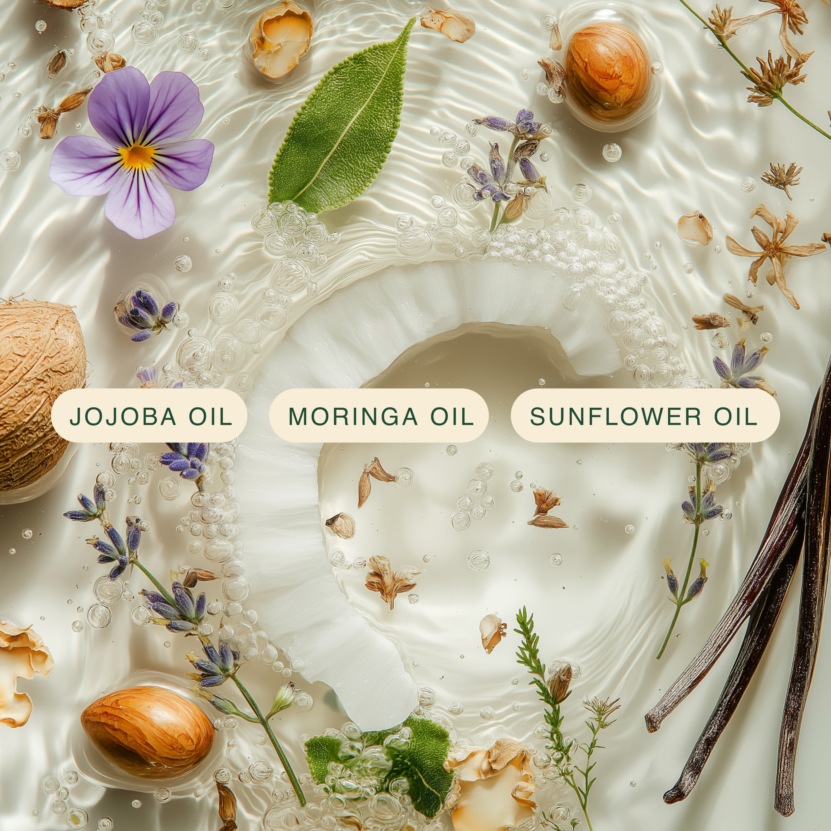 Oils with flowers and leaves on a white background