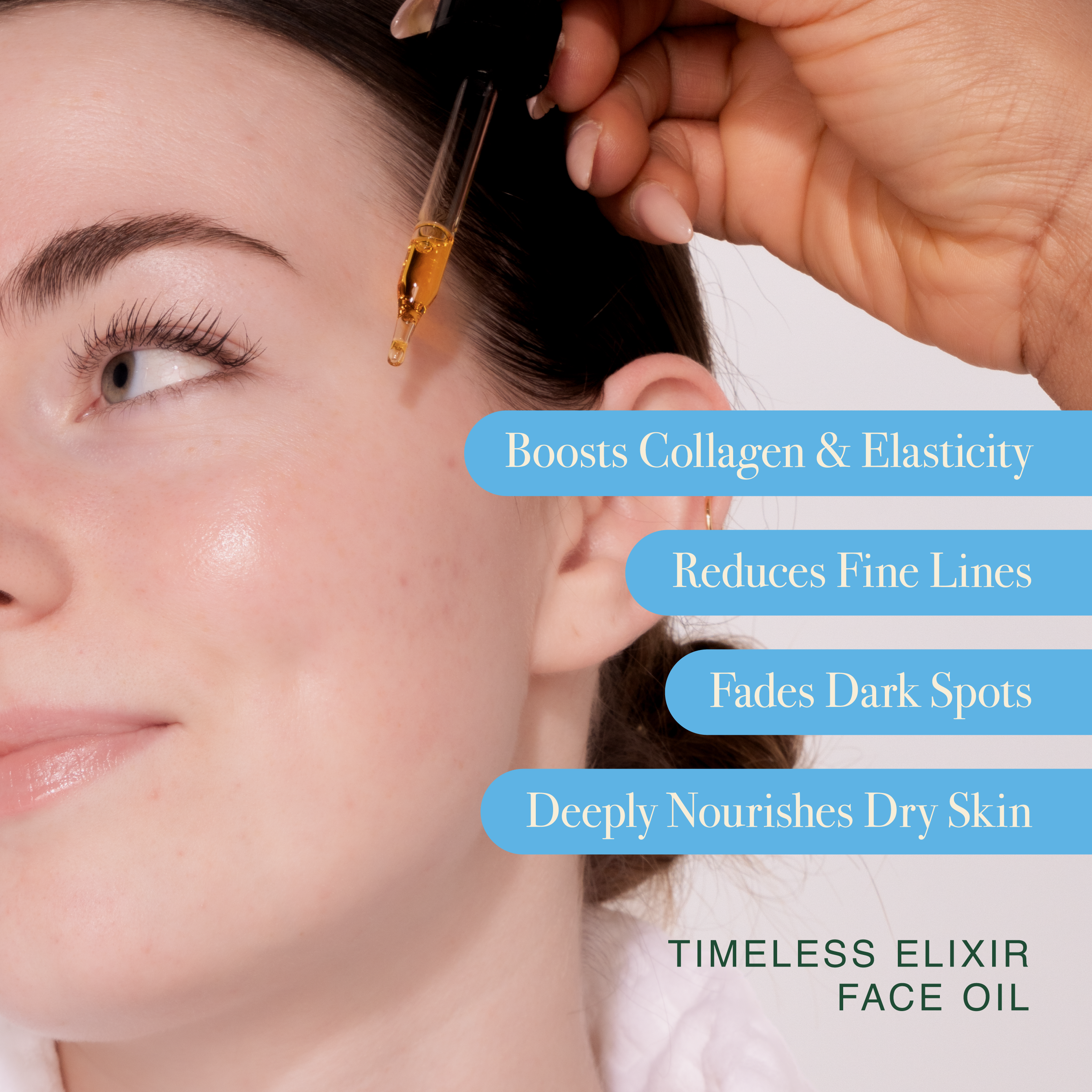 Person applying face oil to a woman's face with text highlighting benefits.