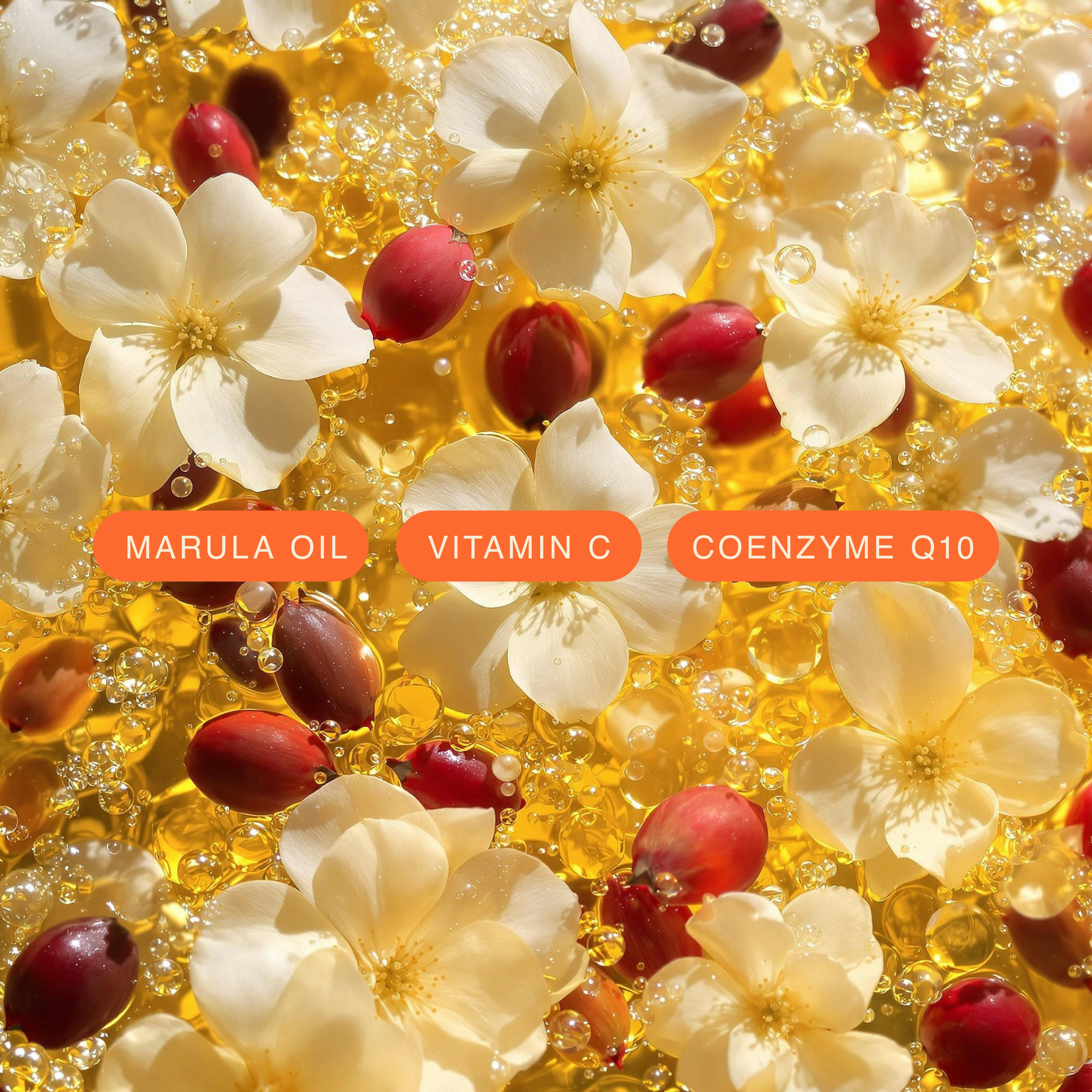 Marula oil, vitamin C, and coenzyme Q10 with flowers and berries on a yellow background