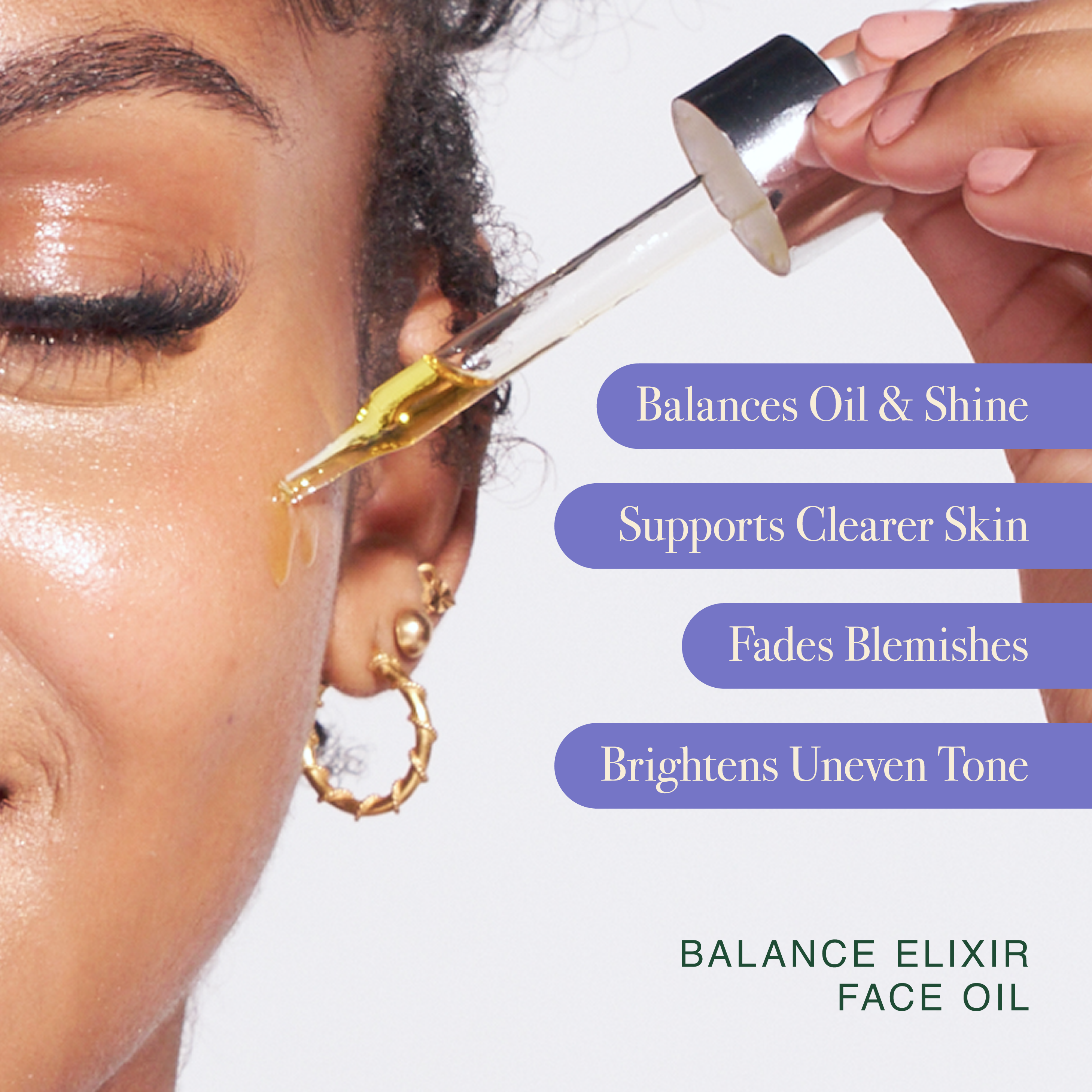 Person applying face oil to their face with text highlighting benefits